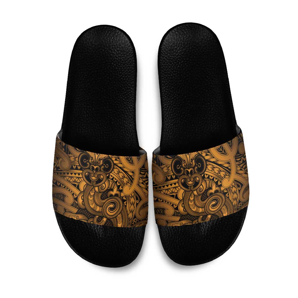 Aotearoa Maori Hei Tiki Slide Sandals Koura Kowhaiwhai Puhoro Motif LT9 Gold - Polynesian Pride