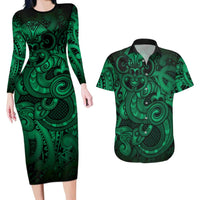 Aotearoa Maori Hei Tiki Couples Matching Long Sleeve Bodycon Dress and Hawaiian Shirt Kakariki Kowhaiwhai Puhoro Motif