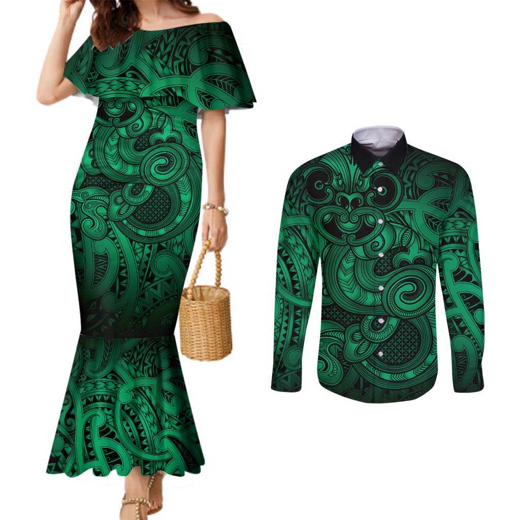 Aotearoa Maori Hei Tiki Couples Matching Mermaid Dress and Long Sleeve Button Shirt Kakariki Kowhaiwhai Puhoro Motif LT9 Green - Polynesian Pride
