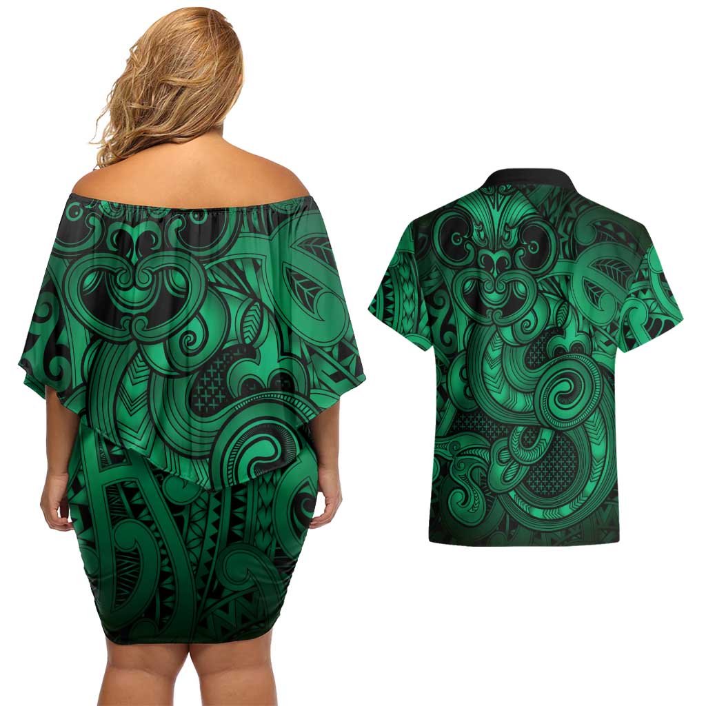 Aotearoa Maori Hei Tiki Couples Matching Off Shoulder Short Dress and Hawaiian Shirt Kakariki Kowhaiwhai Puhoro Motif
