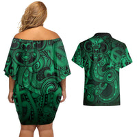 Aotearoa Maori Hei Tiki Couples Matching Off Shoulder Short Dress and Hawaiian Shirt Kakariki Kowhaiwhai Puhoro Motif