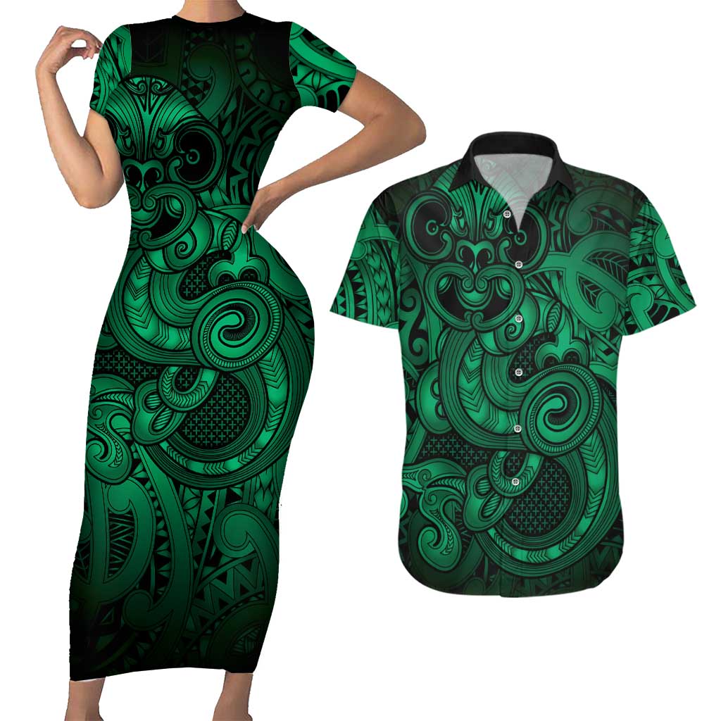 Aotearoa Maori Hei Tiki Couples Matching Short Sleeve Bodycon Dress and Hawaiian Shirt Kakariki Kowhaiwhai Puhoro Motif LT9 Green - Polynesian Pride