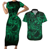 Aotearoa Maori Hei Tiki Couples Matching Short Sleeve Bodycon Dress and Hawaiian Shirt Kakariki Kowhaiwhai Puhoro Motif