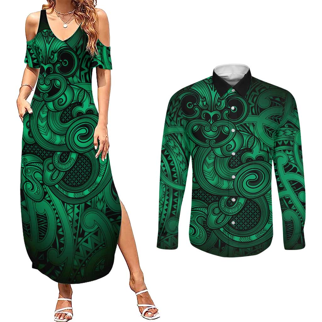 Aotearoa Maori Hei Tiki Couples Matching Summer Maxi Dress and Long Sleeve Button Shirt Kakariki Kowhaiwhai Puhoro Motif