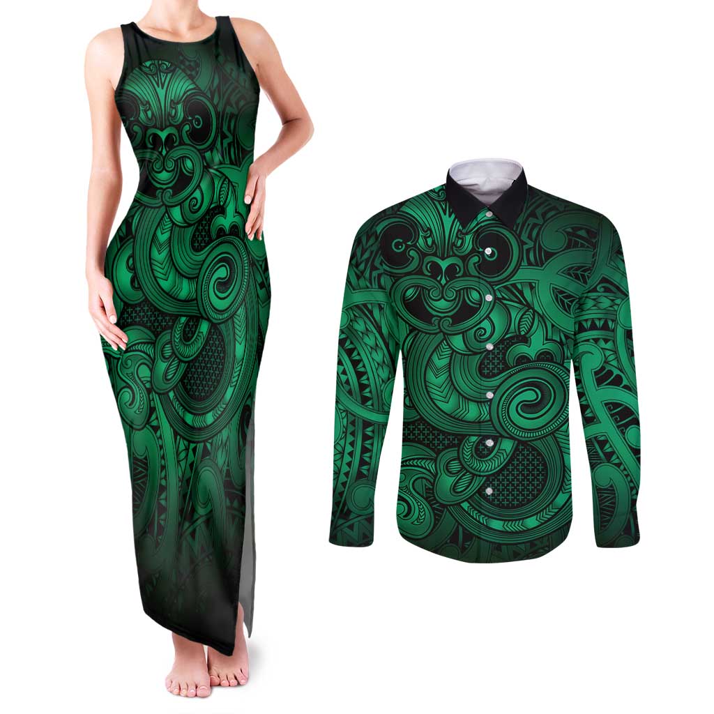 Aotearoa Maori Hei Tiki Couples Matching Tank Maxi Dress and Long Sleeve Button Shirt Kakariki Kowhaiwhai Puhoro Motif