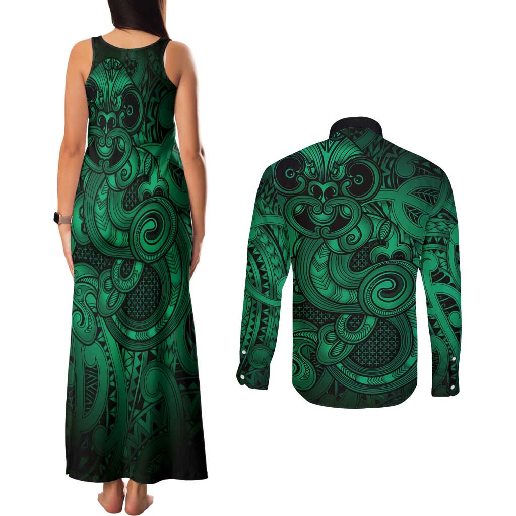 Aotearoa Maori Hei Tiki Couples Matching Tank Maxi Dress and Long Sleeve Button Shirt Kakariki Kowhaiwhai Puhoro Motif