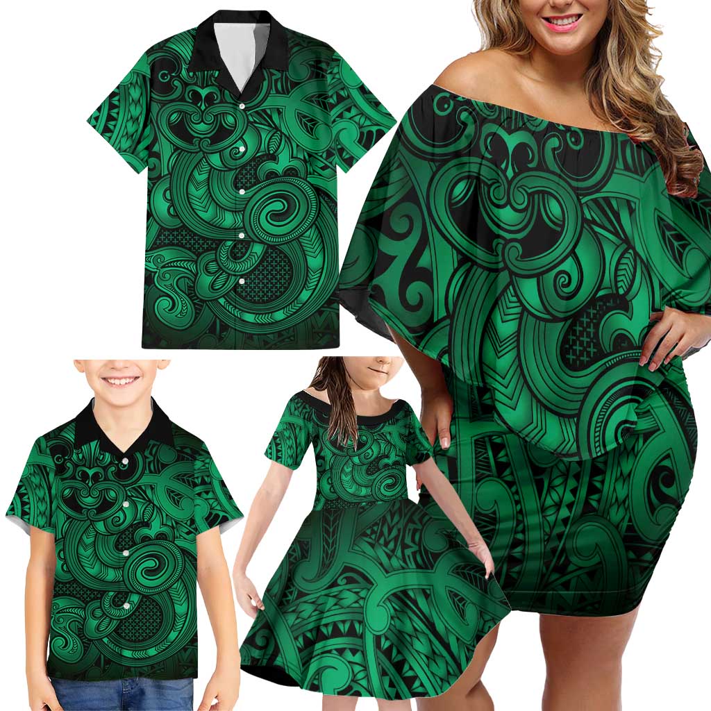 Aotearoa Maori Hei Tiki Family Matching Off Shoulder Short Dress and Hawaiian Shirt Kakariki Kowhaiwhai Puhoro Motif LT9 - Polynesian Pride
