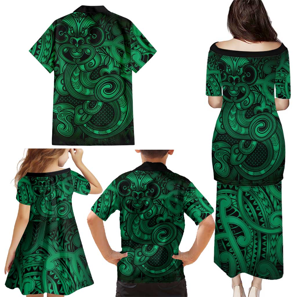 Aotearoa Maori Hei Tiki Family Matching Puletasi and Hawaiian Shirt Kakariki Kowhaiwhai Puhoro Motif