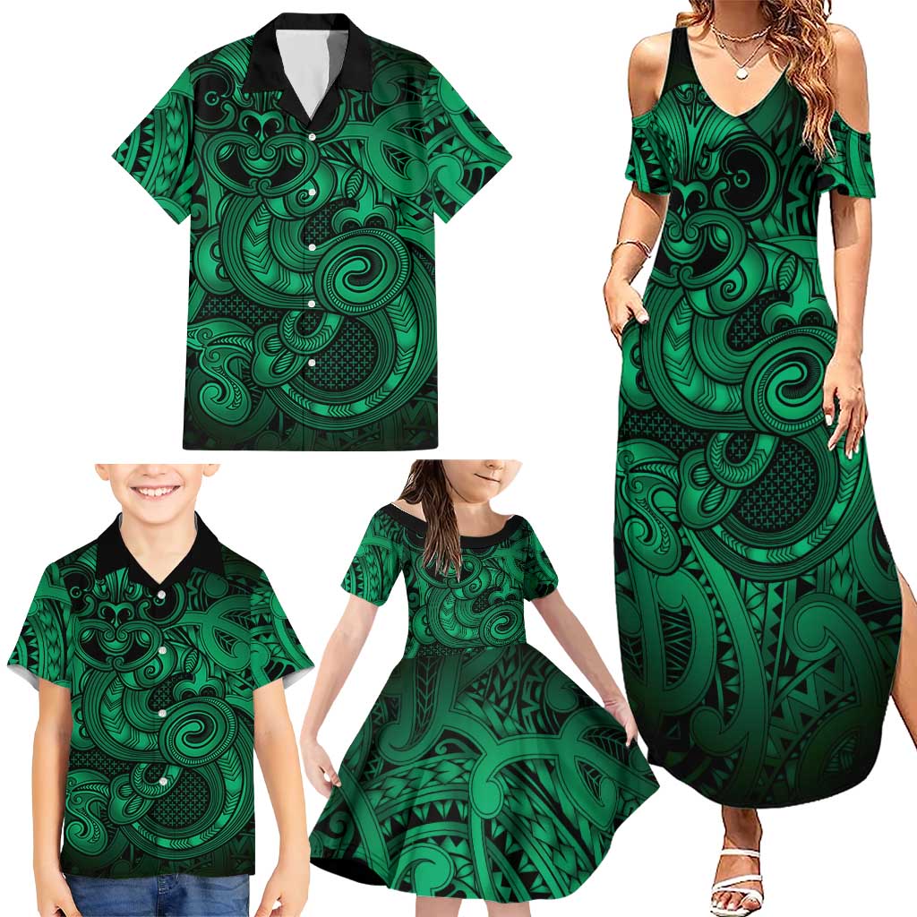 Aotearoa Maori Hei Tiki Family Matching Summer Maxi Dress and Hawaiian Shirt Kakariki Kowhaiwhai Puhoro Motif