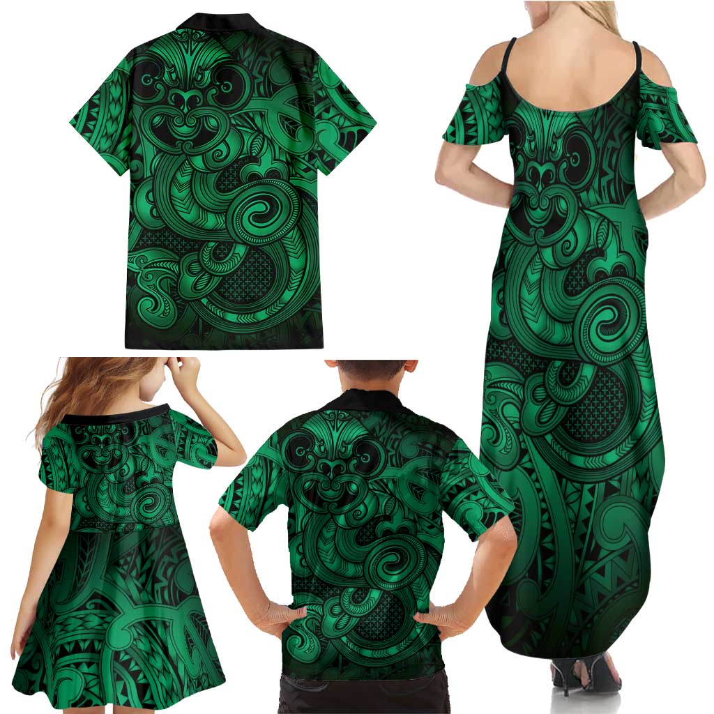 Aotearoa Maori Hei Tiki Family Matching Summer Maxi Dress and Hawaiian Shirt Kakariki Kowhaiwhai Puhoro Motif
