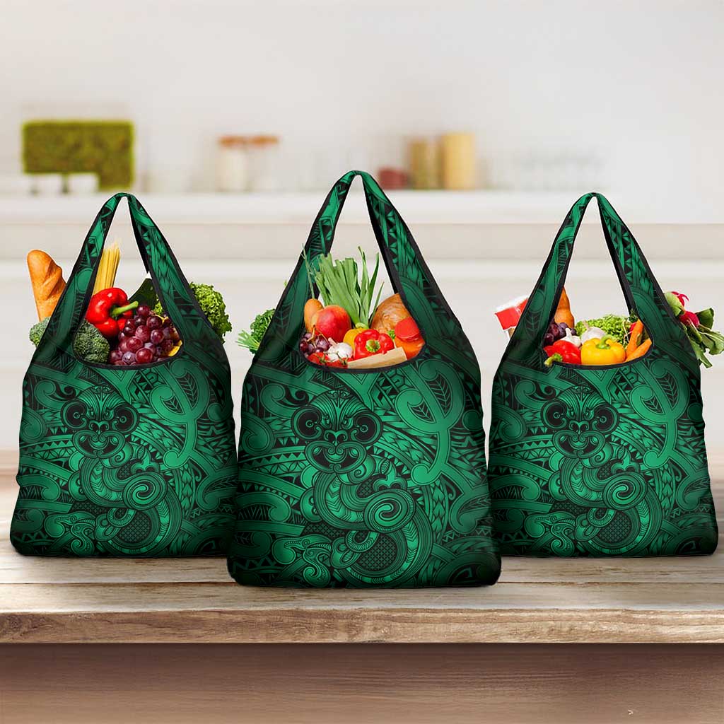 Aotearoa Maori Hei Tiki Grocery Bag Kakariki Kowhaiwhai Puhoro Motif LT9 3-pack One Size Green - Polynesian Pride