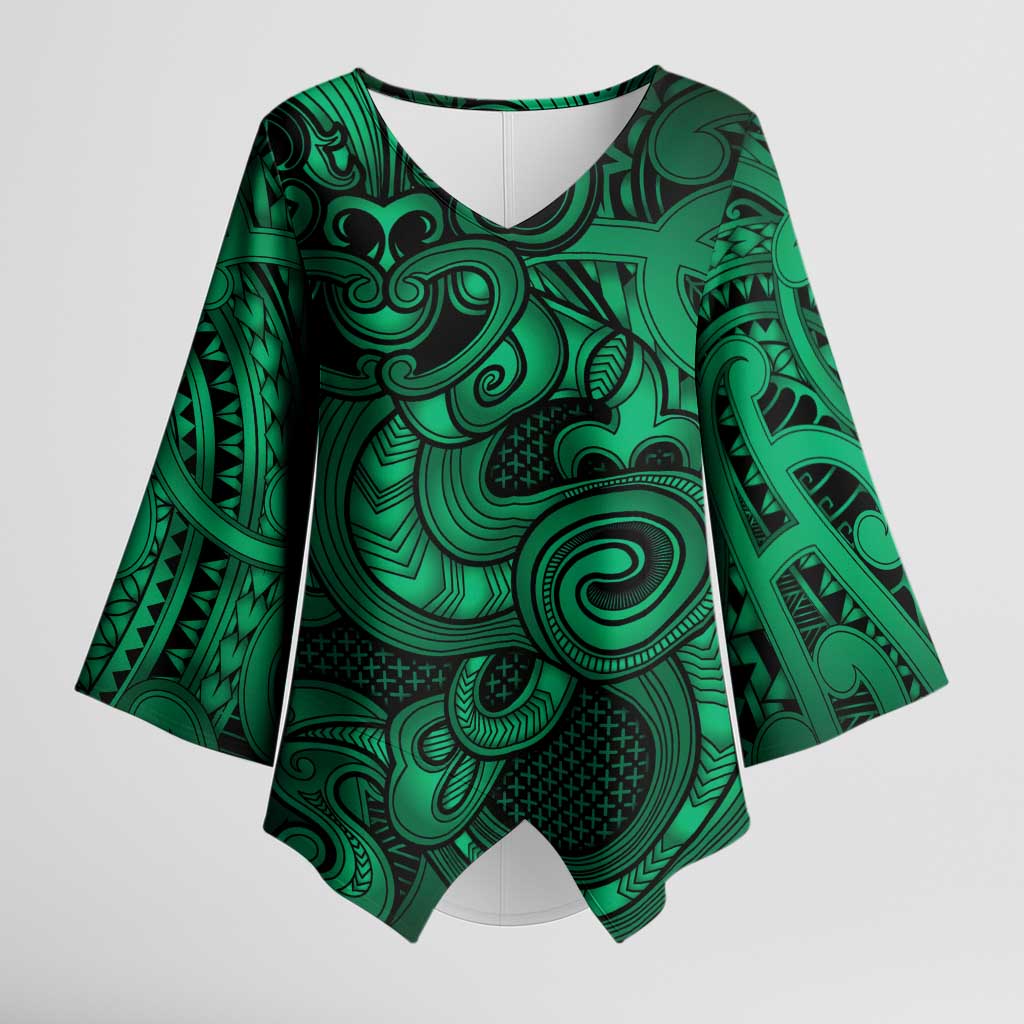 Aotearoa Maori Hei Tiki Kimono Sleeve Blouse Kakariki Kowhaiwhai Puhoro Motif LT9 Female Green - Polynesian Pride
