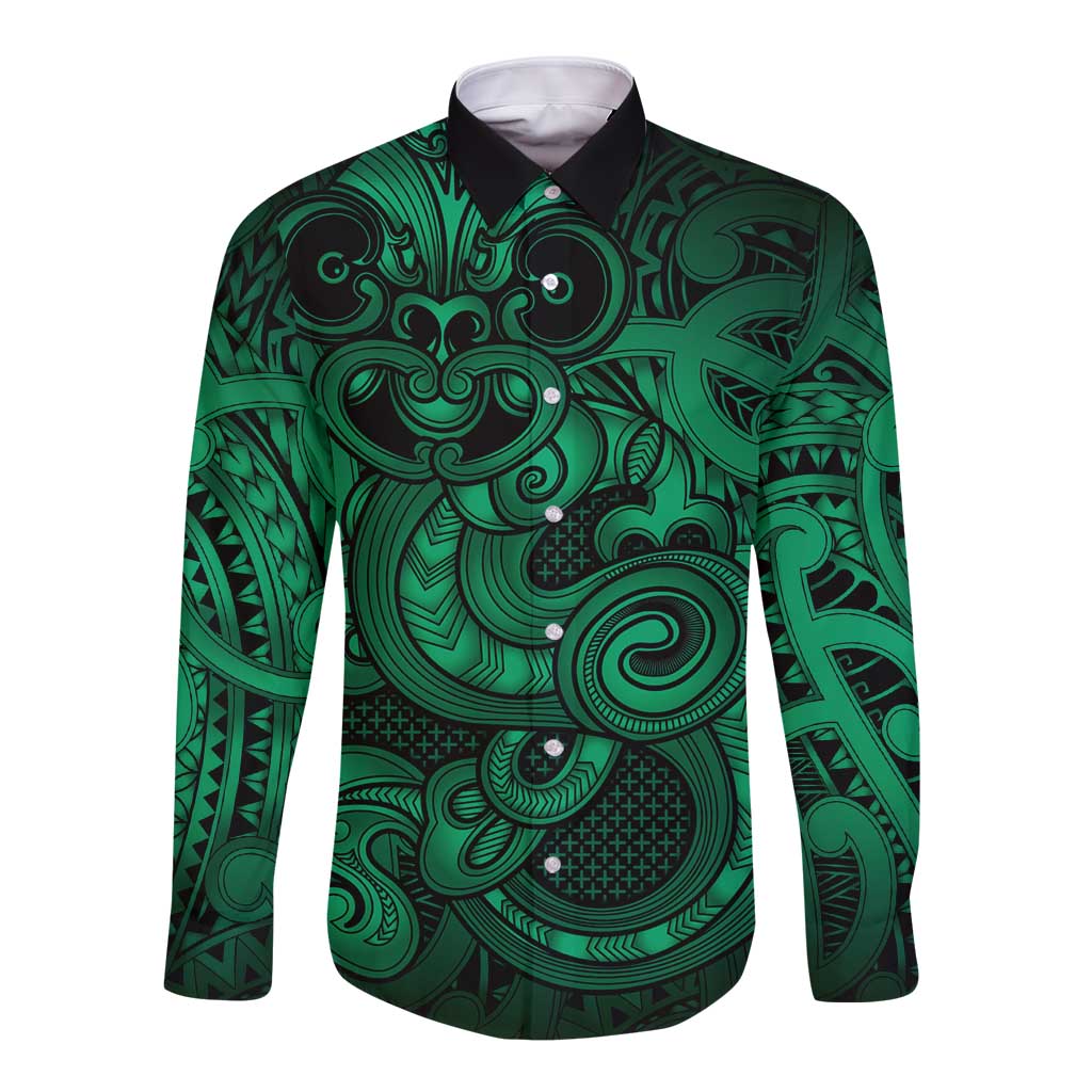 Aotearoa Maori Hei Tiki Long Sleeve Button Shirt Kakariki Kowhaiwhai Puhoro Motif LT9 Unisex Green - Polynesian Pride