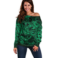 Aotearoa Maori Hei Tiki Off Shoulder Sweater Kakariki Kowhaiwhai Puhoro Motif LT9 Women Green - Polynesian Pride