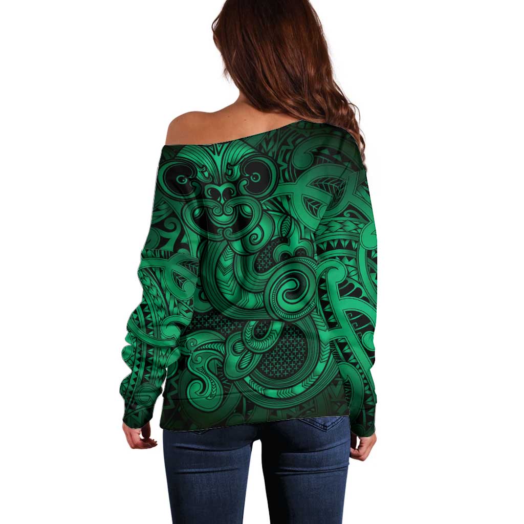 Aotearoa Maori Hei Tiki Off Shoulder Sweater Kakariki Kowhaiwhai Puhoro Motif LT9 - Polynesian Pride