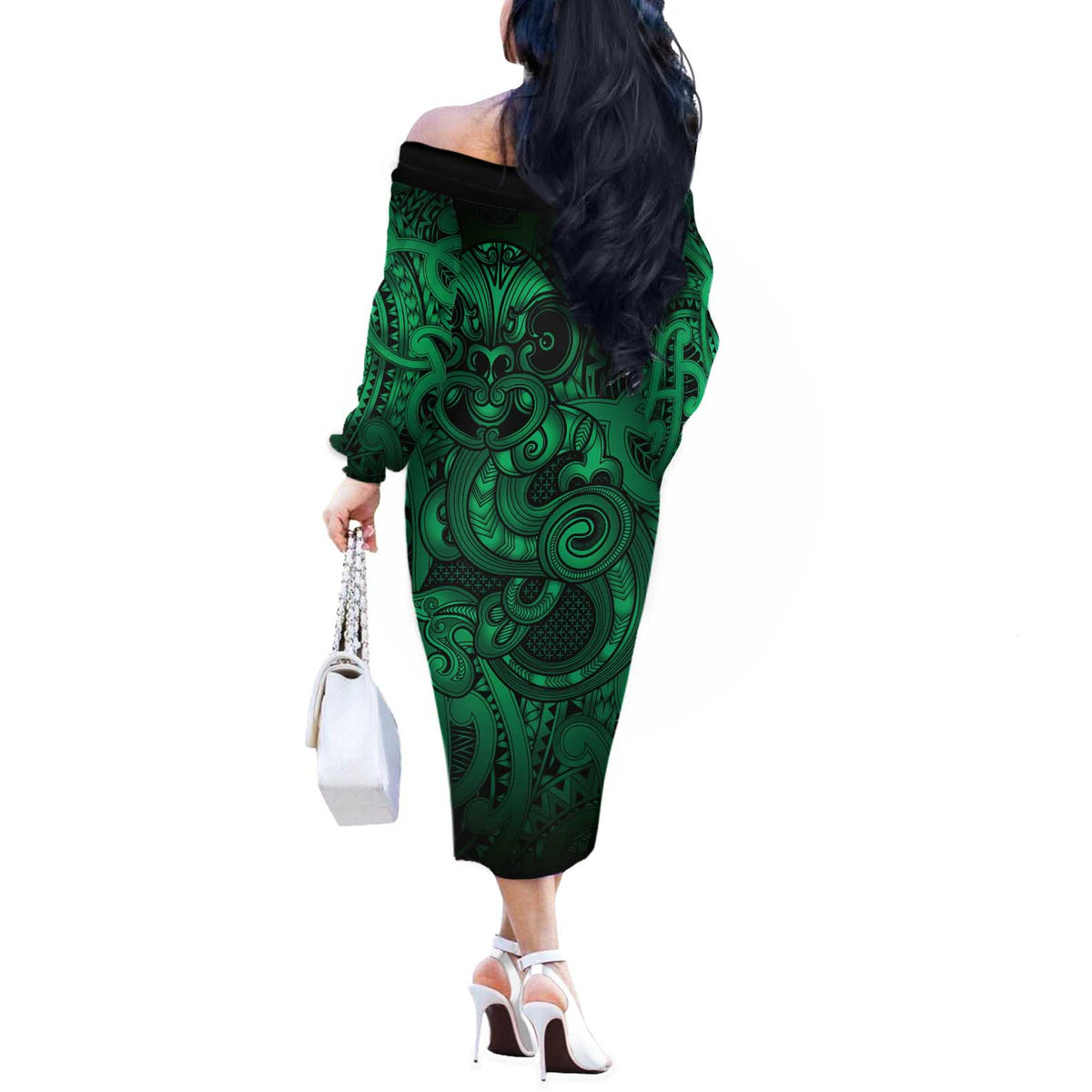 Aotearoa Maori Hei Tiki Off The Shoulder Long Sleeve Dress Kakariki Kowhaiwhai Puhoro Motif