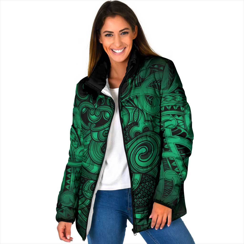 Aotearoa Maori Hei Tiki Padded Jacket Kakariki Kowhaiwhai Puhoro Motif LT9 Women Green - Polynesian Pride