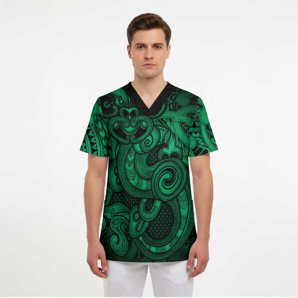 Aotearoa Maori Hei Tiki Scrub Top Kakariki Kowhaiwhai Puhoro Motif LT9 - Polynesian Pride