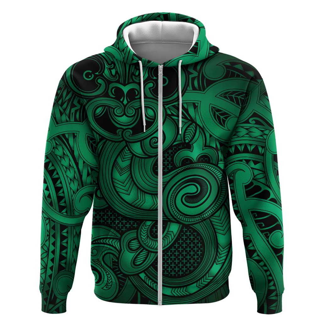 Aotearoa Maori Hei Tiki Zip Hoodie Kakariki Kowhaiwhai Puhoro Motif LT9 Zip Hoodie Green - Polynesian Pride