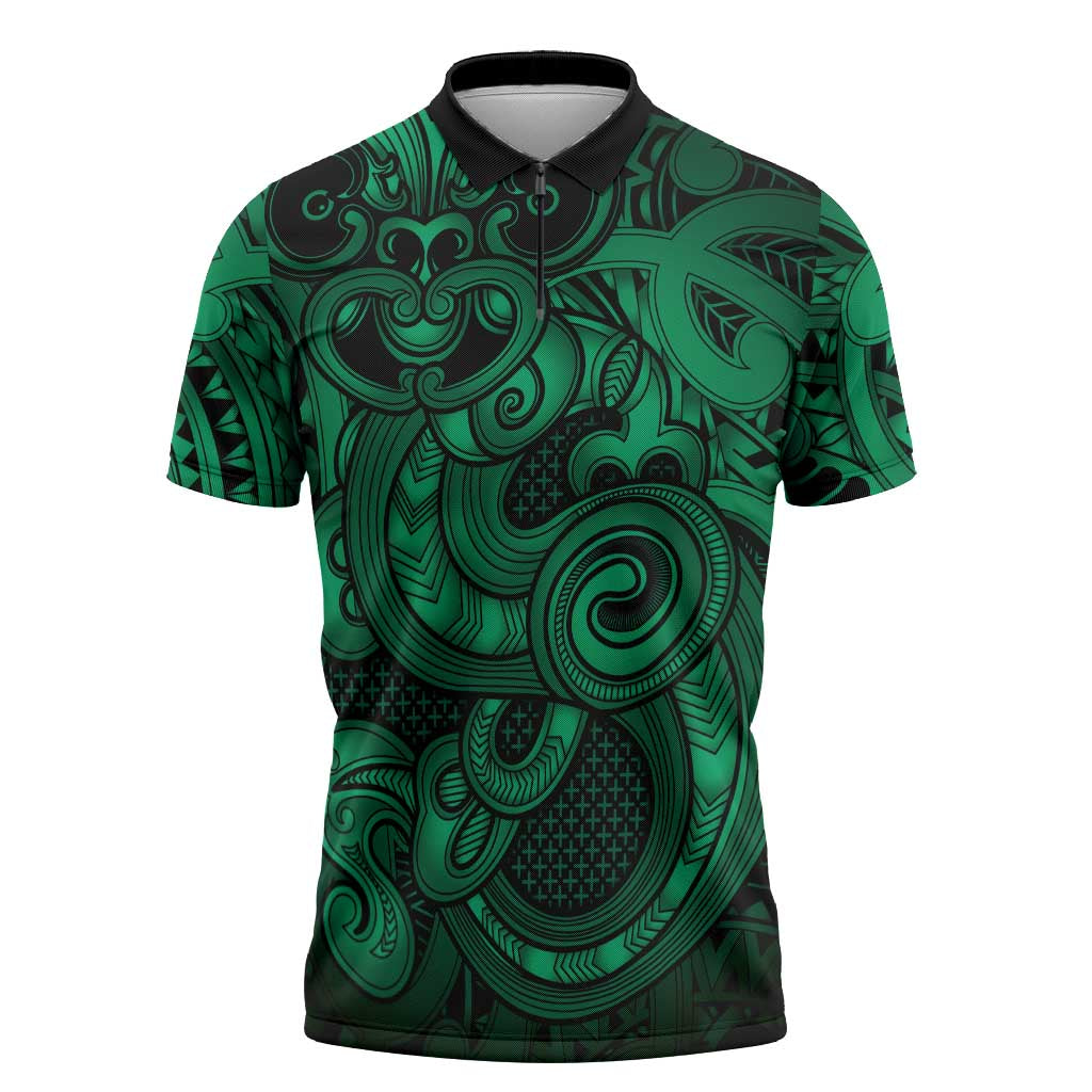 Aotearoa Maori Hei Tiki Zipper Polo Shirt Kakariki Kowhaiwhai Puhoro Motif