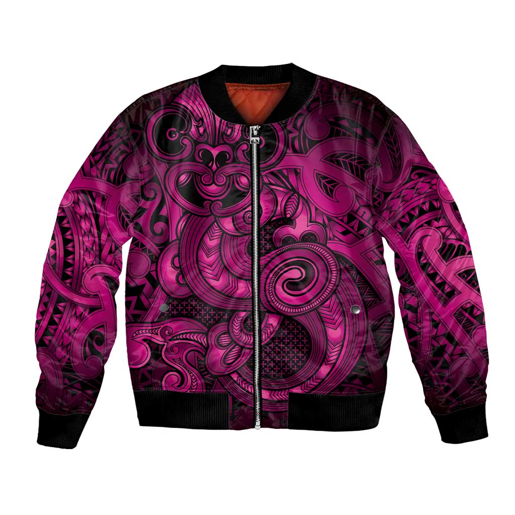 Aotearoa Maori Hei Tiki Bomber Jacket Mawhero Kowhaiwhai Puhoro Motif LT9 Unisex Pink - Polynesian Pride