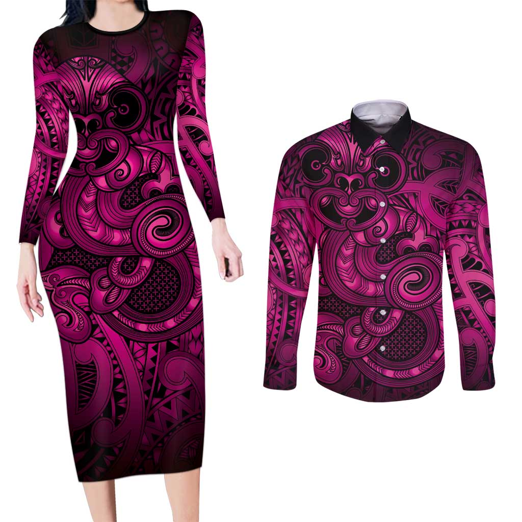 Aotearoa Maori Hei Tiki Couples Matching Long Sleeve Bodycon Dress and Long Sleeve Button Shirt Mawhero Kowhaiwhai Puhoro Motif LT9 Pink - Polynesian Pride
