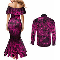 Aotearoa Maori Hei Tiki Couples Matching Mermaid Dress and Long Sleeve Button Shirt Mawhero Kowhaiwhai Puhoro Motif