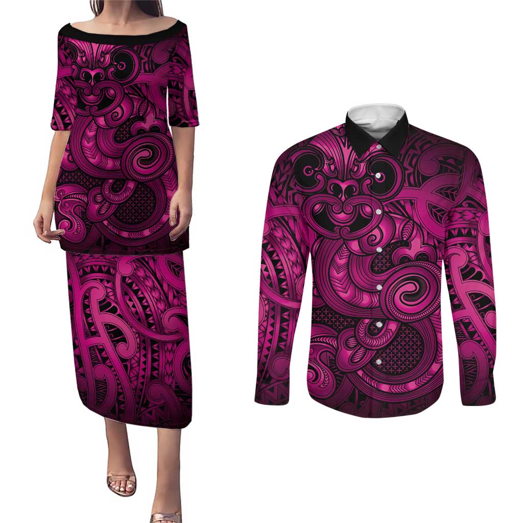 Aotearoa Maori Hei Tiki Couples Matching Puletasi and Long Sleeve Button Shirt Mawhero Kowhaiwhai Puhoro Motif LT9 Pink - Polynesian Pride
