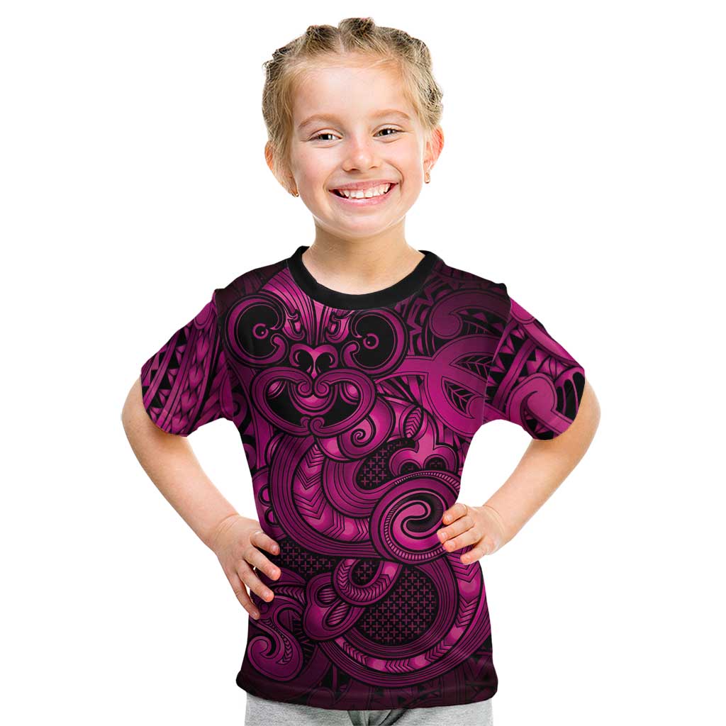 Aotearoa Maori Hei Tiki Kid T Shirt Mawhero Kowhaiwhai Puhoro Motif LT9 Pink - Polynesian Pride