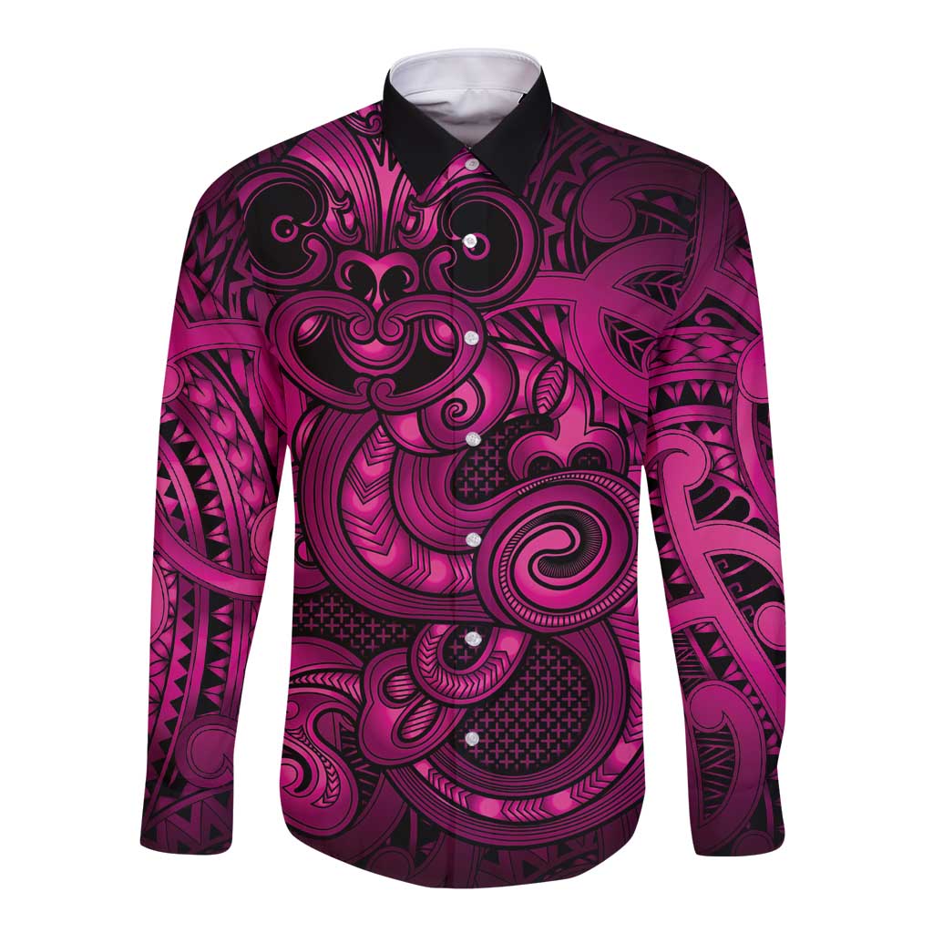 Aotearoa Maori Hei Tiki Long Sleeve Button Shirt Mawhero Kowhaiwhai Puhoro Motif LT9 Unisex Pink - Polynesian Pride