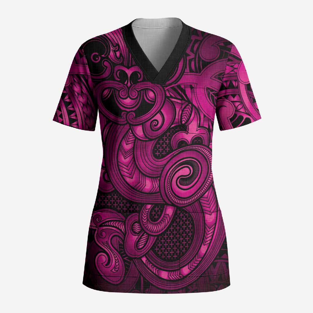 Aotearoa Maori Hei Tiki Scrub Top Mawhero Kowhaiwhai Puhoro Motif LT9 Adult Pink - Polynesian Pride