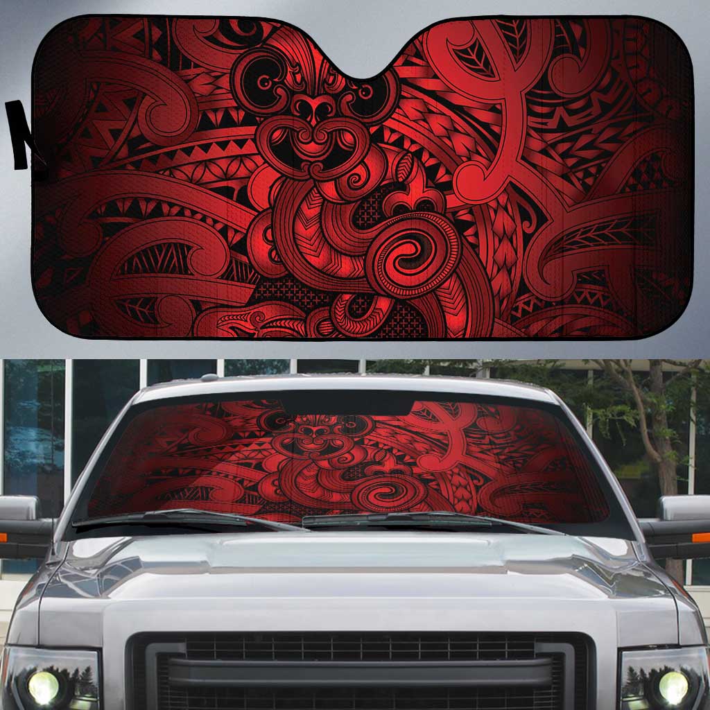 Aotearoa Maori Hei Tiki Auto Sun Shade Whero Kowhaiwhai Puhoro Motif LT9 Red - Polynesian Pride