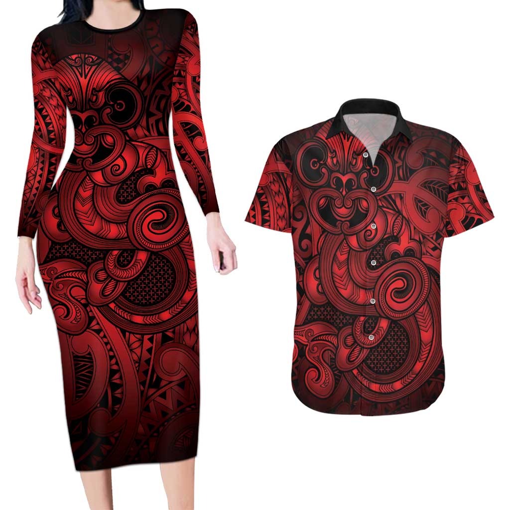 Aotearoa Maori Hei Tiki Couples Matching Long Sleeve Bodycon Dress and Hawaiian Shirt Whero Kowhaiwhai Puhoro Motif
