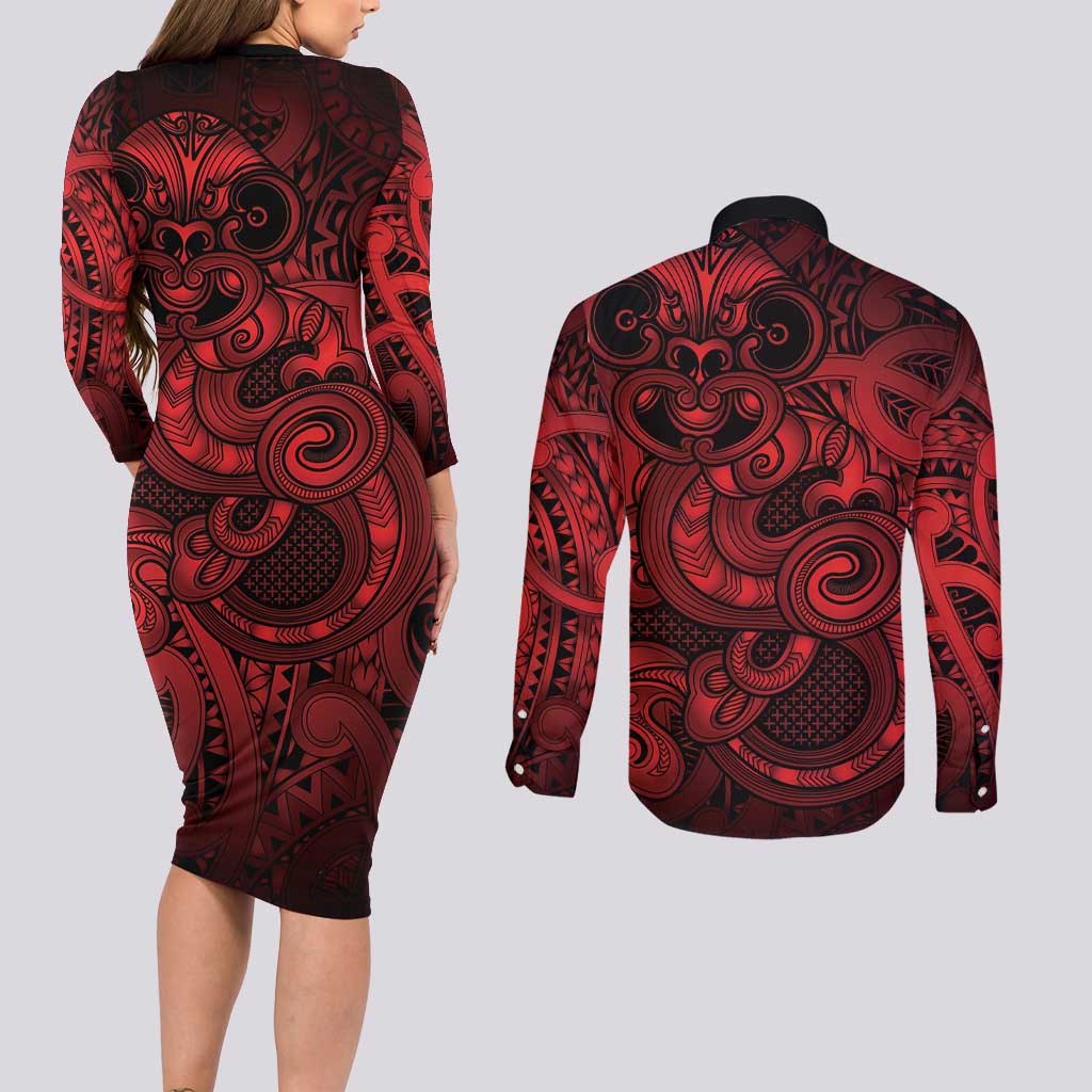 Aotearoa Maori Hei Tiki Couples Matching Long Sleeve Bodycon Dress and Long Sleeve Button Shirt Whero Kowhaiwhai Puhoro Motif