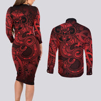 Aotearoa Maori Hei Tiki Couples Matching Long Sleeve Bodycon Dress and Long Sleeve Button Shirt Whero Kowhaiwhai Puhoro Motif