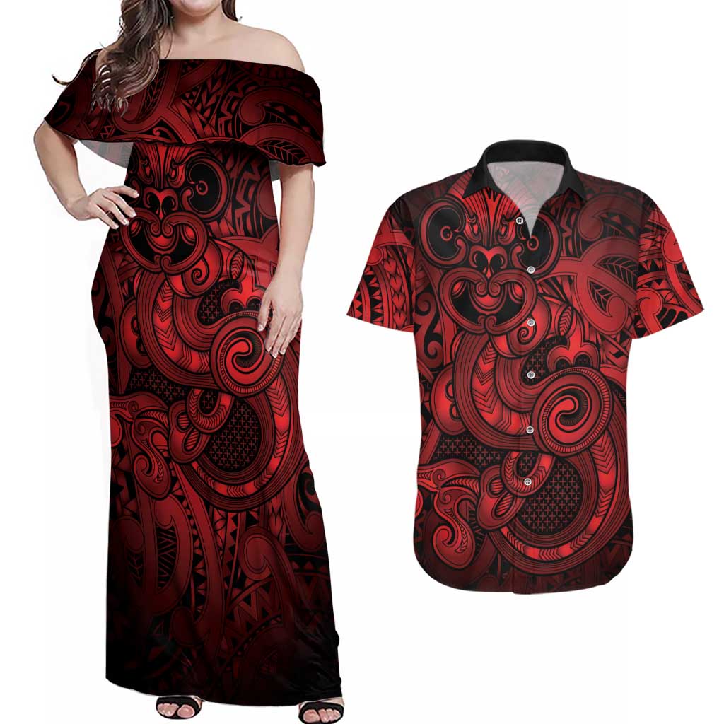 Aotearoa Maori Hei Tiki Couples Matching Off Shoulder Maxi Dress and Hawaiian Shirt Whero Kowhaiwhai Puhoro Motif