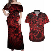 Aotearoa Maori Hei Tiki Couples Matching Off Shoulder Maxi Dress and Hawaiian Shirt Whero Kowhaiwhai Puhoro Motif