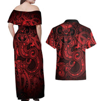 Aotearoa Maori Hei Tiki Couples Matching Off Shoulder Maxi Dress and Hawaiian Shirt Whero Kowhaiwhai Puhoro Motif