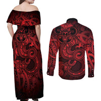 Aotearoa Maori Hei Tiki Couples Matching Off Shoulder Maxi Dress and Long Sleeve Button Shirt Whero Kowhaiwhai Puhoro Motif