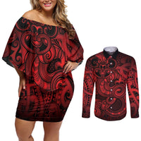 Aotearoa Maori Hei Tiki Couples Matching Off Shoulder Short Dress and Long Sleeve Button Shirt Whero Kowhaiwhai Puhoro Motif