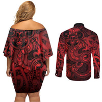 Aotearoa Maori Hei Tiki Couples Matching Off Shoulder Short Dress and Long Sleeve Button Shirt Whero Kowhaiwhai Puhoro Motif