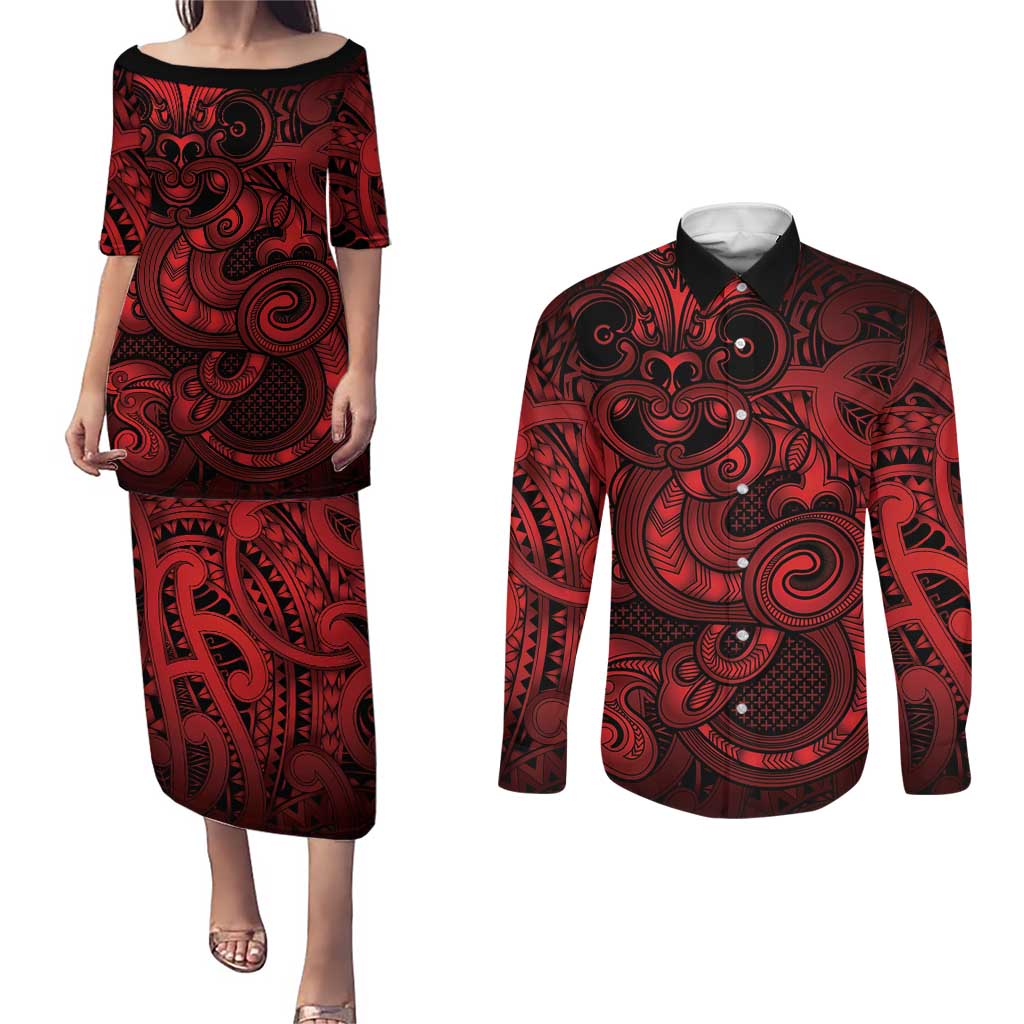 Aotearoa Maori Hei Tiki Couples Matching Puletasi and Long Sleeve Button Shirt Whero Kowhaiwhai Puhoro Motif LT9 Red - Polynesian Pride