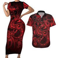 Aotearoa Maori Hei Tiki Couples Matching Short Sleeve Bodycon Dress and Hawaiian Shirt Whero Kowhaiwhai Puhoro Motif