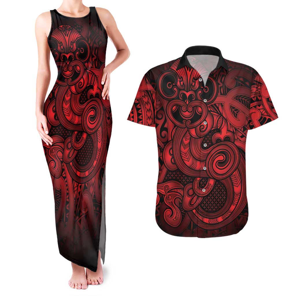 Aotearoa Maori Hei Tiki Couples Matching Tank Maxi Dress and Hawaiian Shirt Whero Kowhaiwhai Puhoro Motif LT9 Red - Polynesian Pride