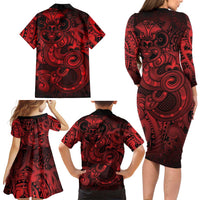 Aotearoa Maori Hei Tiki Family Matching Long Sleeve Bodycon Dress and Hawaiian Shirt Whero Kowhaiwhai Puhoro Motif