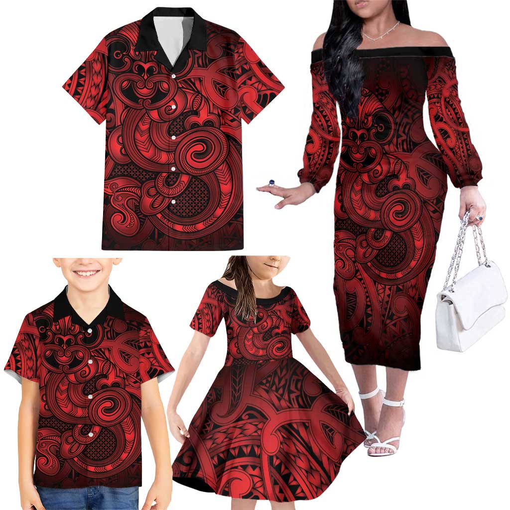 Aotearoa Maori Hei Tiki Family Matching Off The Shoulder Long Sleeve Dress and Hawaiian Shirt Whero Kowhaiwhai Puhoro Motif LT9 - Polynesian Pride