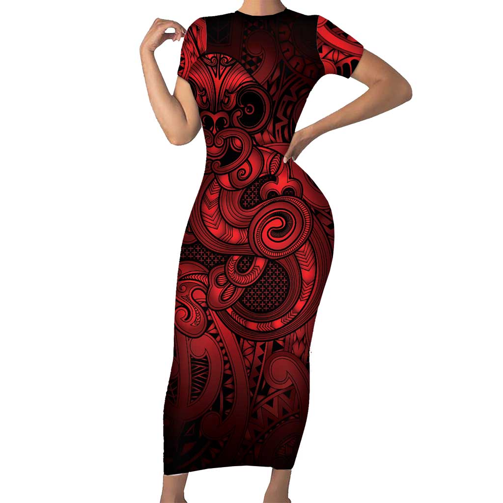 Aotearoa Maori Hei Tiki Family Matching Short Sleeve Bodycon Dress and Hawaiian Shirt Whero Kowhaiwhai Puhoro Motif