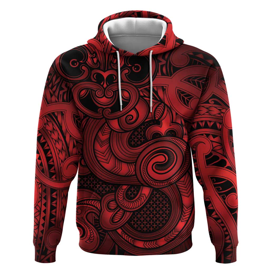 Aotearoa Maori Hei Tiki Hoodie Whero Kowhaiwhai Puhoro Motif LT9 Pullover Hoodie Red - Polynesian Pride