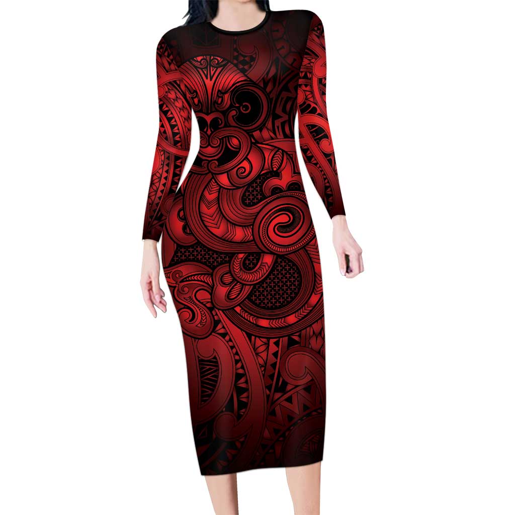 Aotearoa Maori Hei Tiki Long Sleeve Bodycon Dress Whero Kowhaiwhai Puhoro Motif