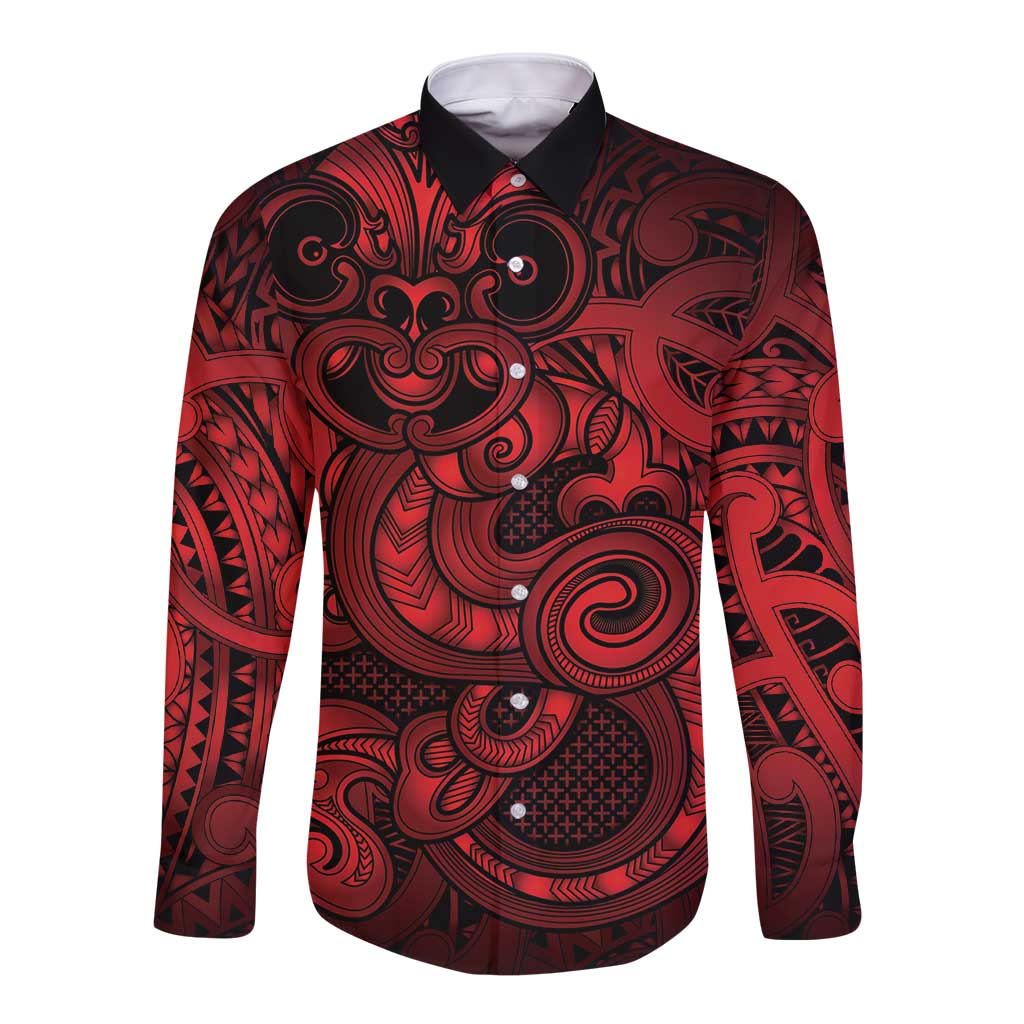 Aotearoa Maori Hei Tiki Long Sleeve Button Shirt Whero Kowhaiwhai Puhoro Motif LT9 Unisex Red - Polynesian Pride